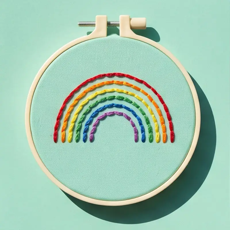 Tambour brodé d'un motif arc-en-ciel, par Inès (Rennes)